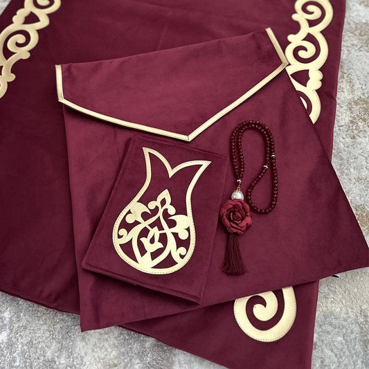 Luxurious Maroon Velvet Handmade Prayer Carpet Set