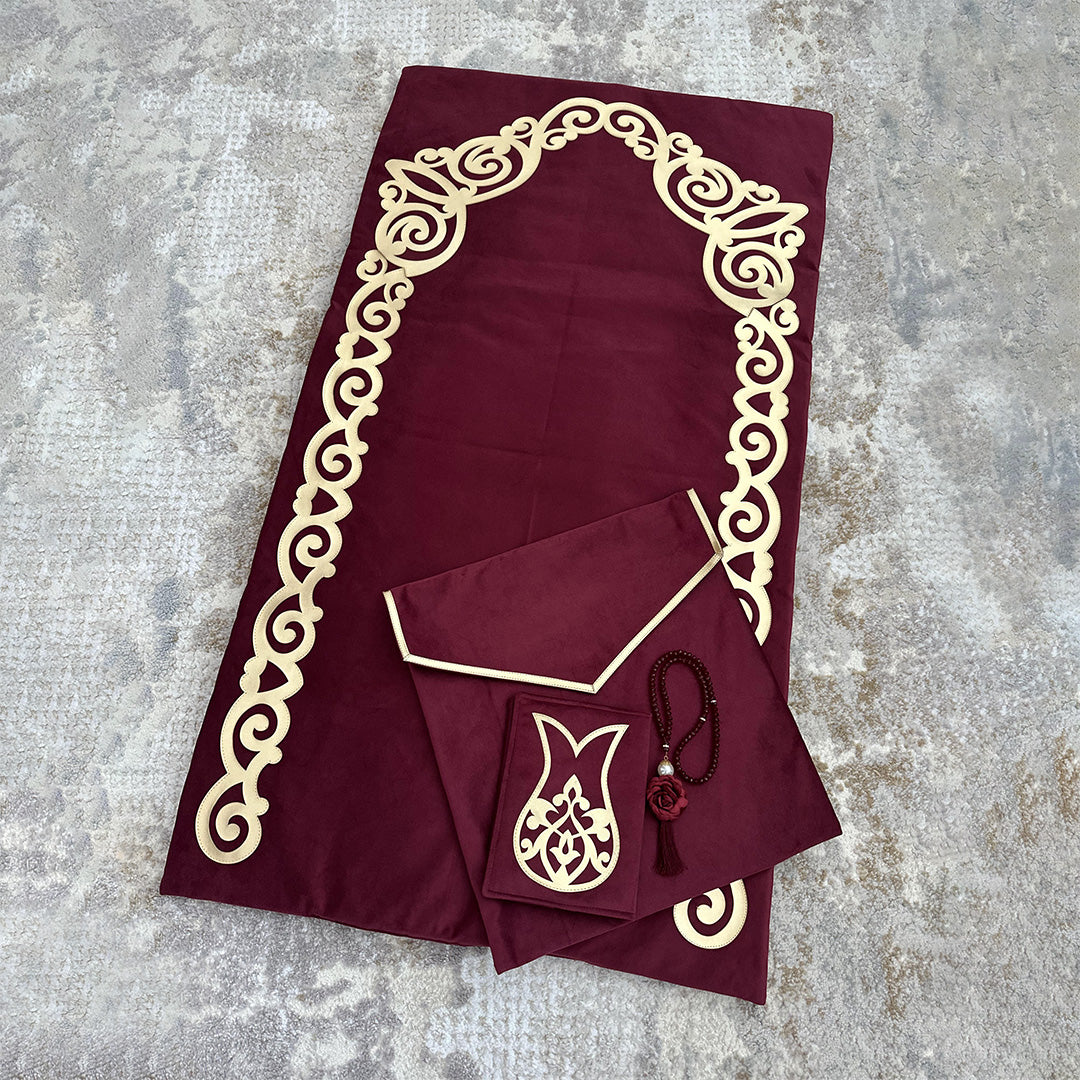 Luxurious Maroon Velvet Handmade Prayer Carpet Set