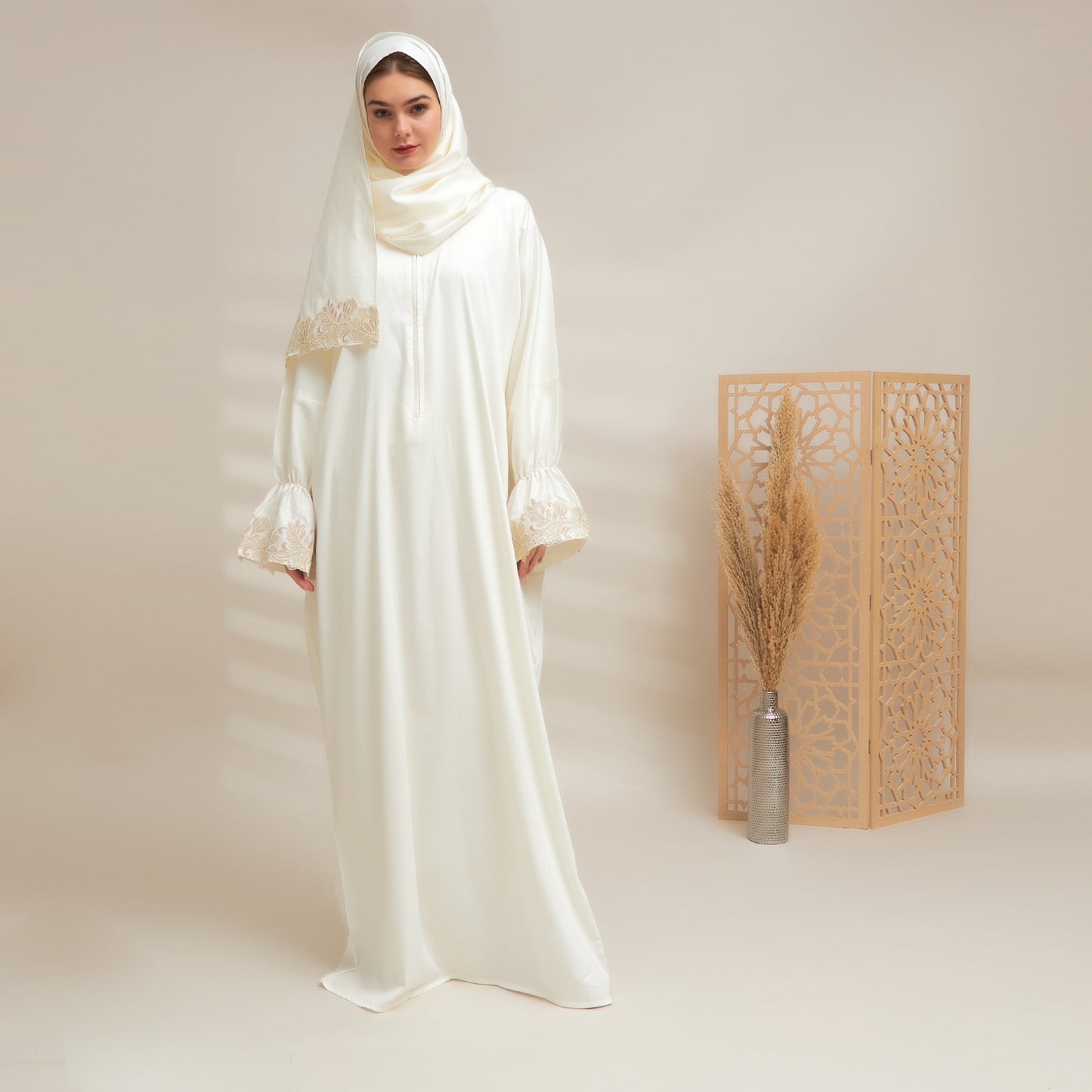 Shayla Style Cotton Silk Prayer Wear – Off-White