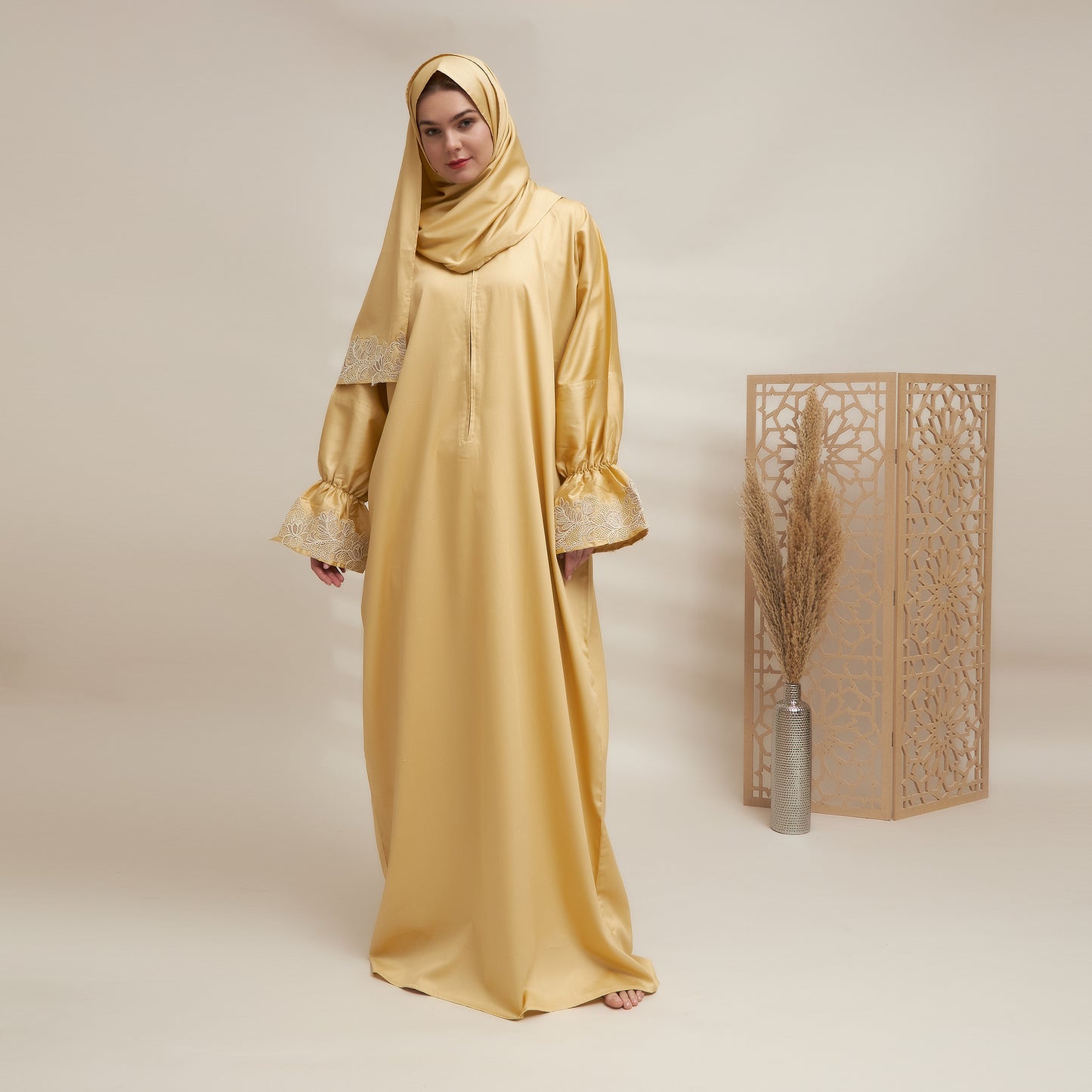 Shayla Style Cotton Silk Prayer Wear – Mustard